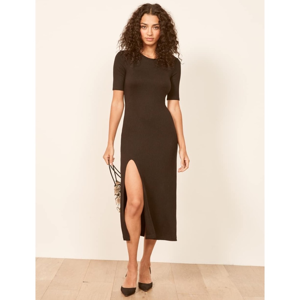 Reformation Black Ribbed Midi Dress with Side Slit
